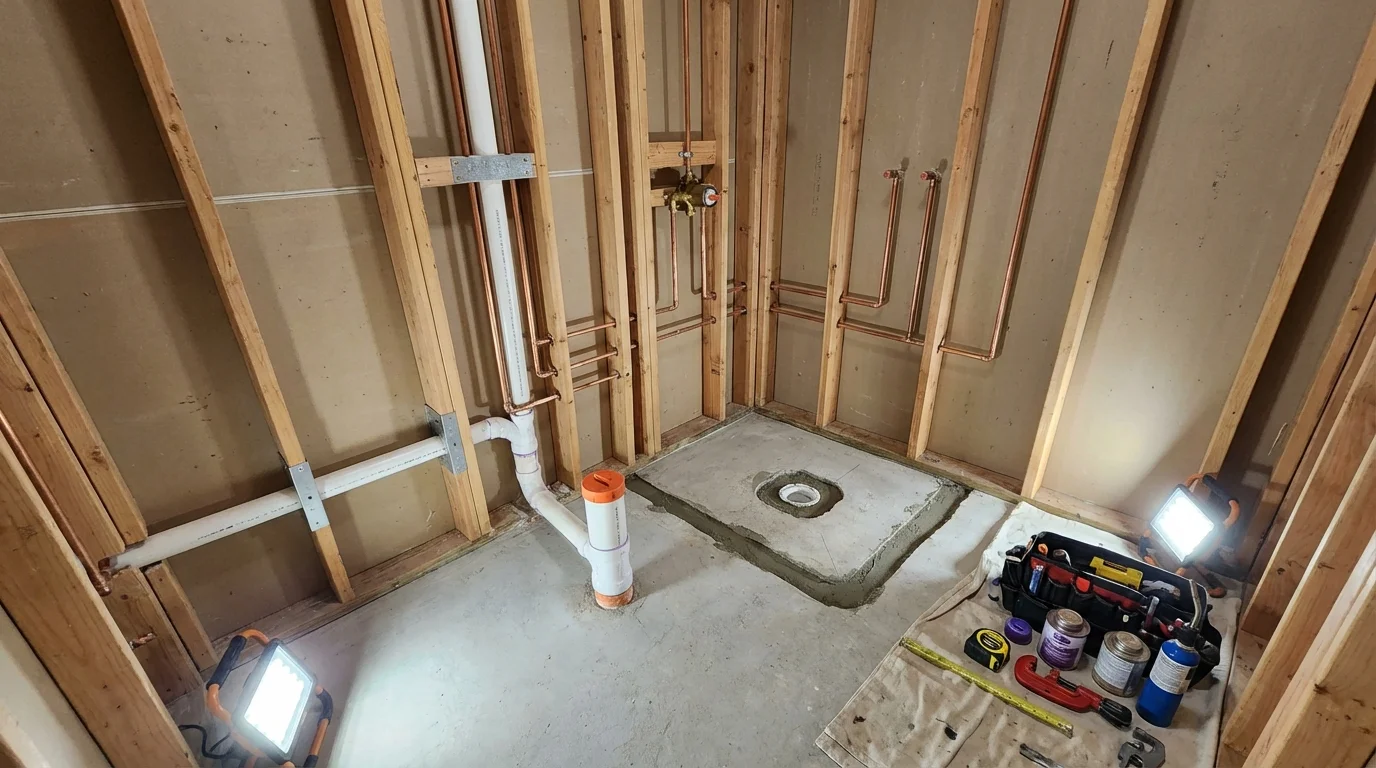 Bathroom rough-in plumbing during remodel by Johns Plumbing LLC in Lake Hamilton