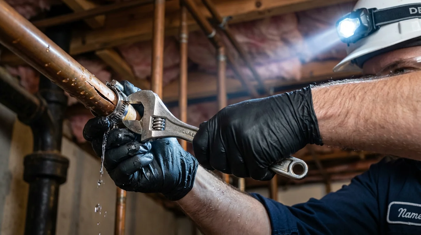 Emergency pipe clamp repair being performed by a Johns Plumbing LLC plumber in Lake Hamilton