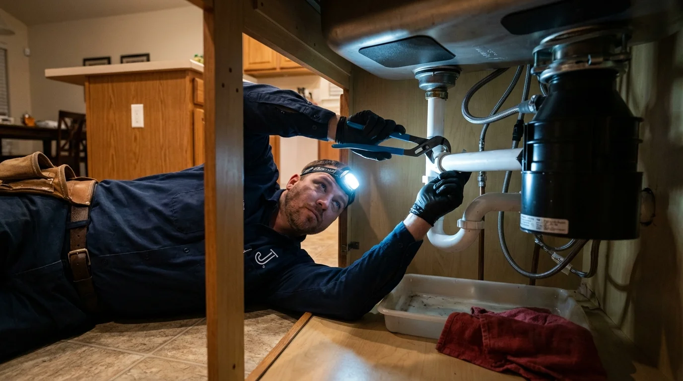 P-trap and supply line connections under a kitchen sink showing a common leak point in Lake Hamilton, FL